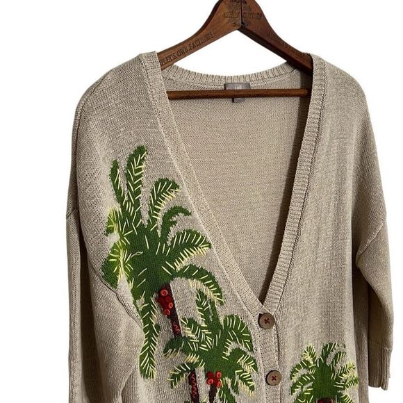 J. Jill Linen Blend Embroidered Palm Tree Button Front Cardigan Cream Size Small - Picture 4 of 11